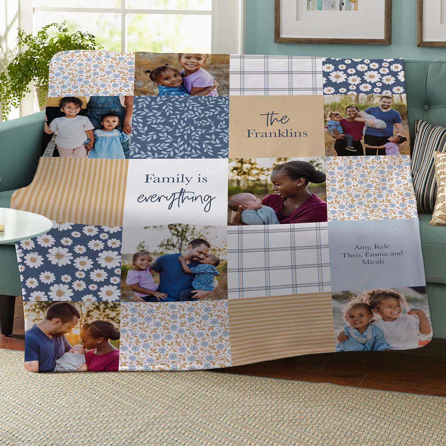 Patchwork Family Memories Photo Blanket – Custom Blanket for Girlfriend – Personalized Drawing Gifts